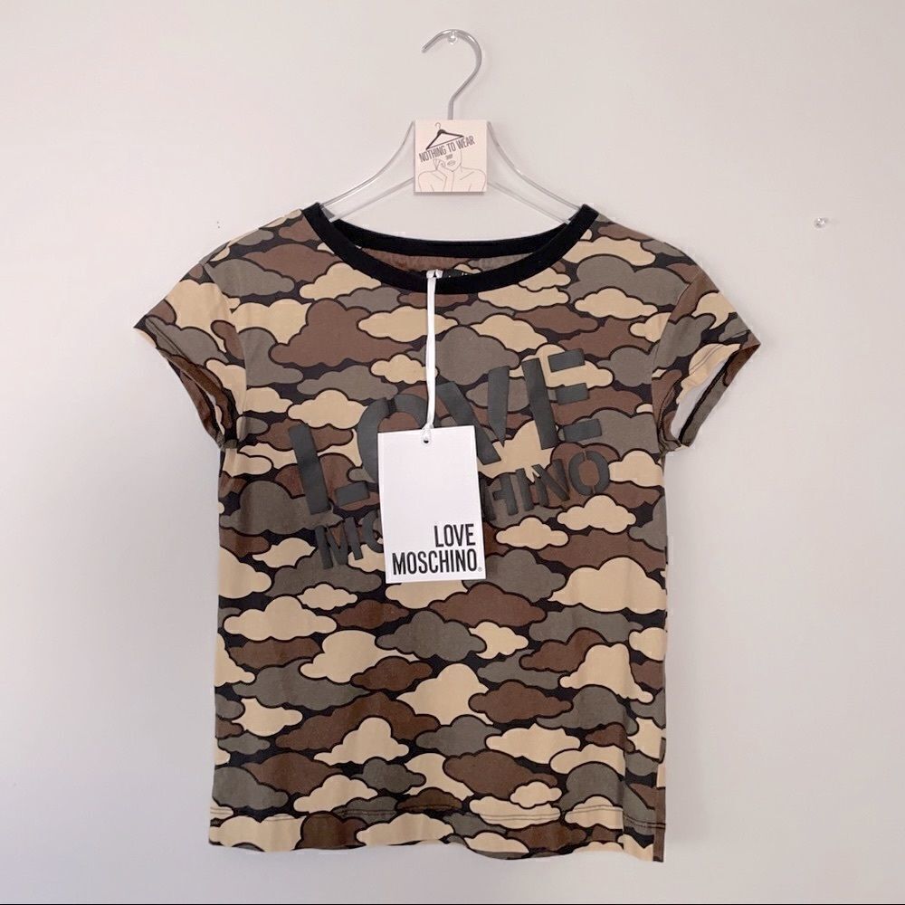 ⭕️ LOVE MOSCHINO T Shirt Women’s Camo Camouflage Logo Small Military Cloud